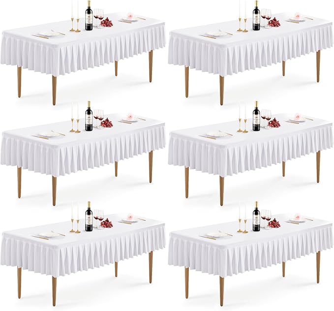 Wish Care 6 Pack White Spandex Table Clothes for 8 Foot Rectangle Tables Wrinkle Free Fitted Table Covers Stretch Ruffle Tablecloths Pleated Desk Skirt for Wedding Birthday Dining Outdoor Tablecloth
