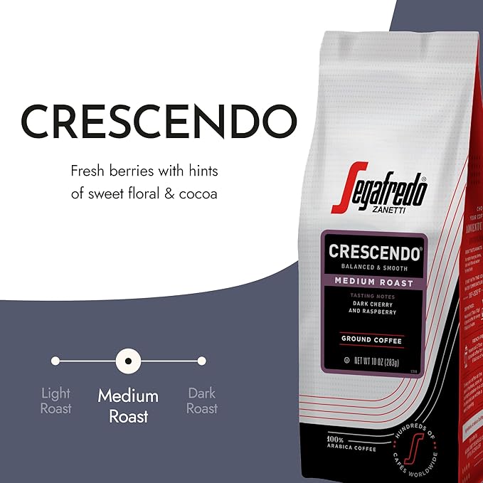 Segafredo Zanetti Ground Coffee ??Made with Arabica Coffee ??Medium Roast, Aroma of Fresh Berries, Hints of Sweet Floral & Cocoa ??Smooth, Medium-Bodied ??Crescendo, 10oz Bag, Pack of 6