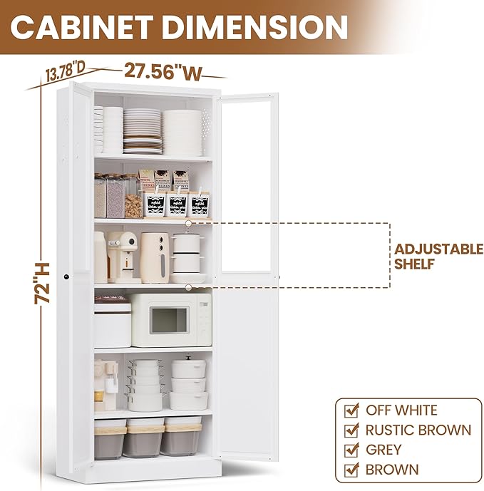 Metal Pantry Cabinet with Doors and 5 Adjustable Shelves, 72" Tall Kitchen Cupboard Storage Cabinets for Kitchen Dining Room Living Room Bathroom,Assembly Required (White)