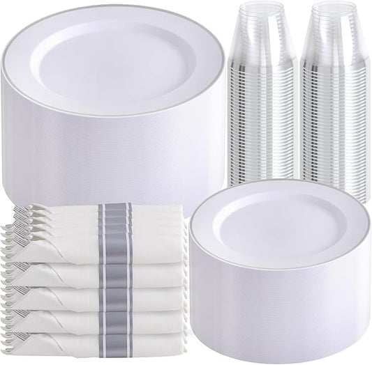 SUT 350 Pcs Silver Plastic Dinnerware Set for 50 Guests, Include: 50 Dinner Plates, 50 Dessert Plates, 50 Pre Rolled Napkins with Silver Silverware, 50 Cups, disposable plates for wedding, party
