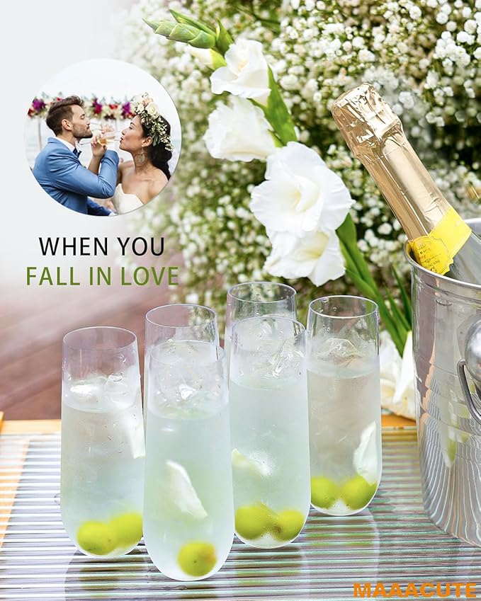 24 Pcak Champagne Flutes Plastic, 9 Oz Disposable Stemless Mimosa Clear Toasting Glasses, Clear Crystal Plastic Cocktail Cups for Party Wedding Birthday