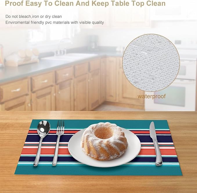 Modern Navy Teal Coral Navy Stripes Placemat, Set of 4 Heat Resistant PVC Place Mats for Kitchen Table