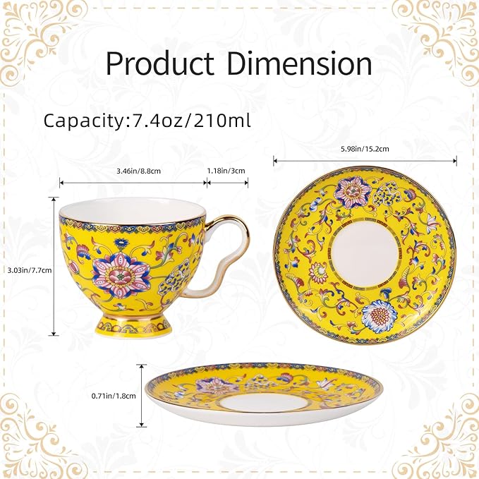 KAMMAK Tea Cups and Saucers Set of 2, Porcelain Coffee Cups with Saucer for Espresso, Cappuccino, 7.5oz Vintage Yellow and Blue Ceramic Novelty Mug for Home, Tea Party, Office