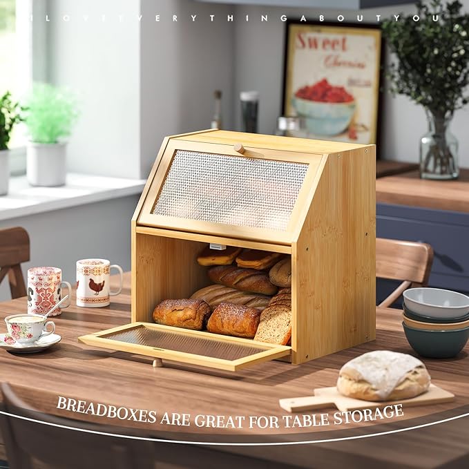 Bread Box for Kitchen Countertop Bin Double Layer Bread Box Storage Container Extra Large Capacity with Diamond Pattern Windows (Natural, Extra Large)