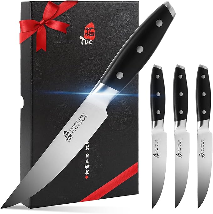 TUO Steak Knife - 5 inch Professional Kitchen Steak Knife Set 4 Table Dinner Knife - German HC Stainless Steel - Non Slip Pakkawood Handle - BLACK HAWK SERIES Including Gift Box