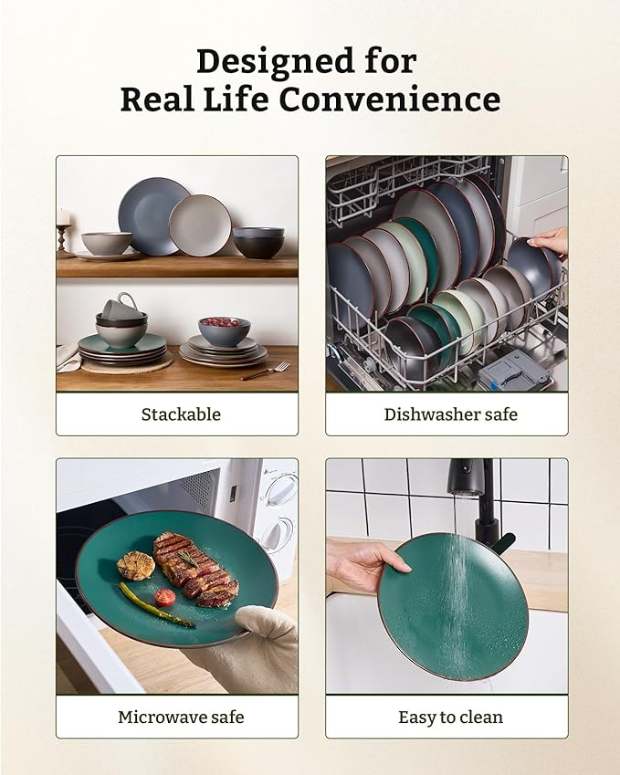 Famiware Venus Speckled Dinnerware Set with Pasta Bowls, Service for 4 (16 Pieces), Stoneware Plates and Double Bowls Sets, Microwave & Dishwasher-Safe Dishes with Trim, Matte Dark Green
