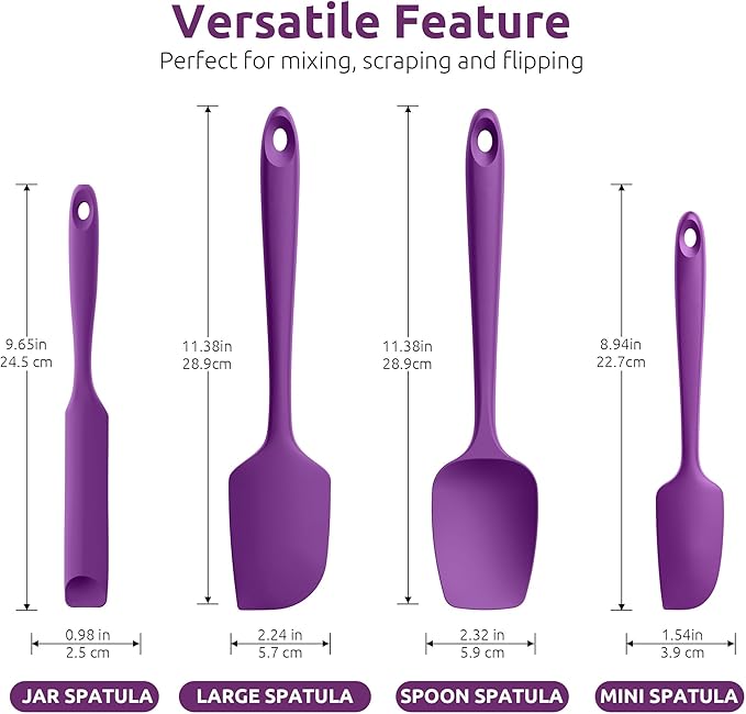 U-Taste 600쨘F Heat Resistant Silicone Spatulas: Flexible Food-Grade Silicon Baking Scraper, Kitchen Cooking Mixing Utensils with Upgraded Sturdy Handle Tip for Nonstick Cookware (4-Pc., Purple)