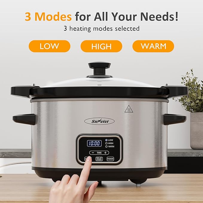 4qt Slow Cooker, Programmable Slow Cooker with Locking Lid, Removable Ceramic Pot, 3 Heating Settings & Time Control, Mini Food Warmer with Dishwasher-safe Lid & Pot, Silver