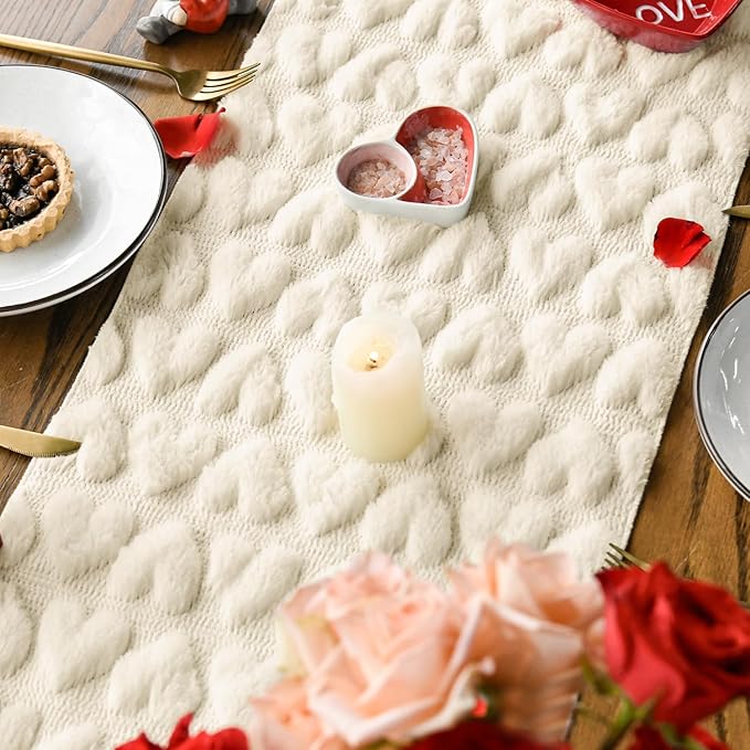 Artoid Mode Beige Soft Plush Faux Fur Jacquard Heart Valentine's Day Table Runner, Seasonal Kitchen Dining Table Decoration for Home Party Decor 13x120 Inch