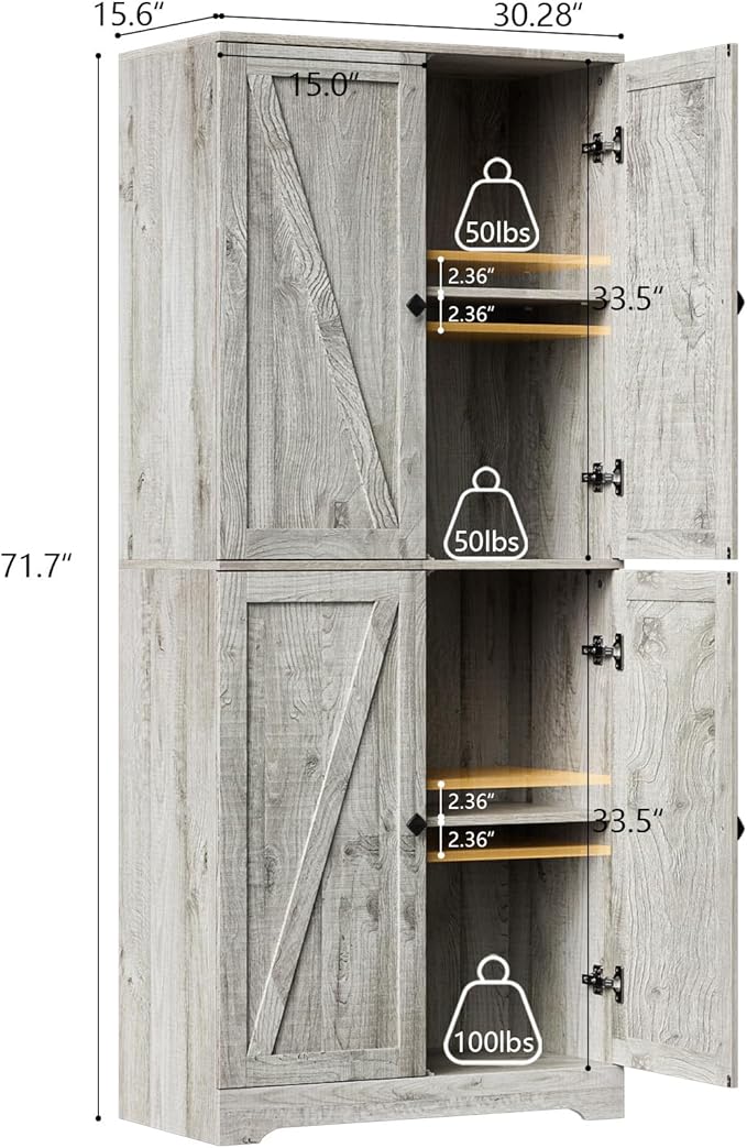 LYNSOM Farmhouse Storage Cabinet 72" Tall, Kitchen Pantry Cabinet with 4 Barn Doors and Adjustable Shelves, Freestanding Storage Cabinets for Kitchen, Grey