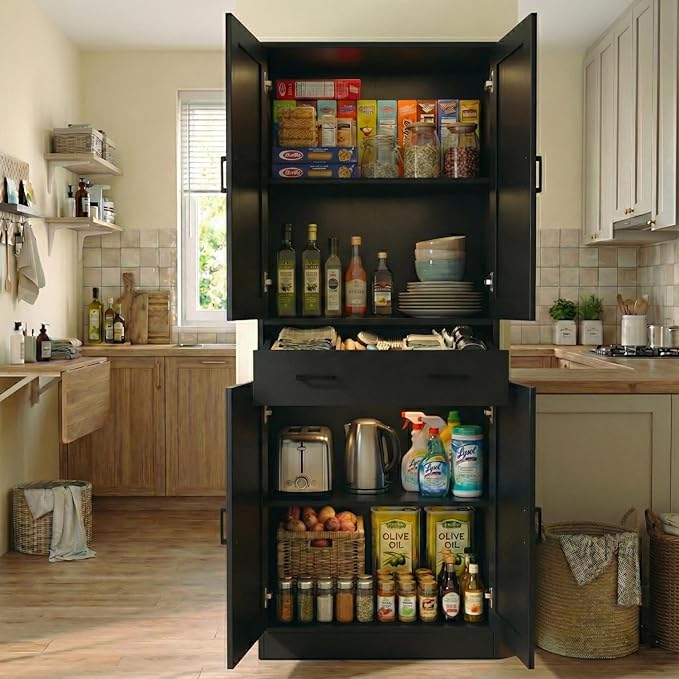 71" Tall Kitchen Pantry Cabinet, Freestanding Storage Cabinet with Drawer and 4 Doors, Large Black Utility Floor Cupboard with Adjustable Shelves for Dining Room, Bathroom, Home Office