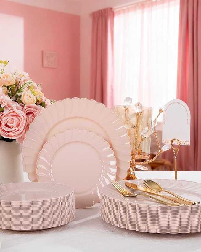 YOUBET 100PCS Pink Scalloped Plastic Plates - Heavy Duty Pink Disposable Fancy Hard Plates Include 50 Dinner Plate, 50 Dessert Plate, for Wedding & Party Valentines Day