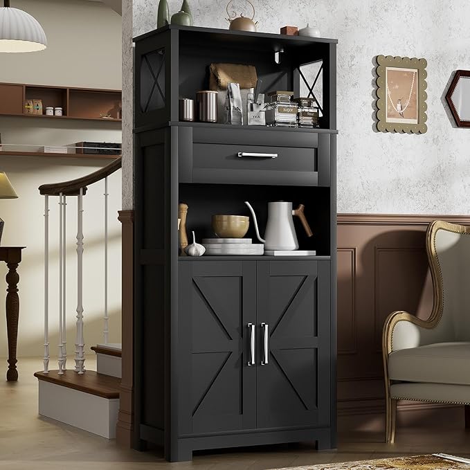 55" Tall Kitchen Pantry, Farmhouse Storage Cabinet with Doors, Shelves and Drawer, Rustic Wood Cupboard for Kitchen, Dining Room (Black)