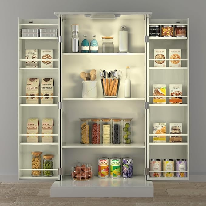 50" LED Kitchen Pantry Cabinet White Storage Cabinet Food Pantry with Doors and Adjustable Shelves Freestanding Buffet Cupboards Sideboard for Kitchen Living Room and Dinning Room