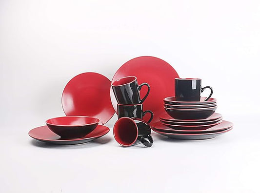 Stoneware Two-Tone Colors Life 16pc Dinner Set竊?Outside Shiny Black + Inside Matee Glaze Red