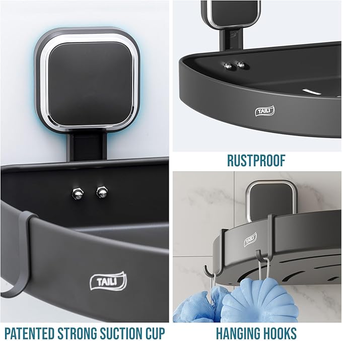 TAILI Corner Shower Caddy with Suction Cup Hooks, Aluminum Corner Shelf Basket竊?Wall Mounted Organizer Rack for Shampoo, No-Drilling Rustproof for Kitchen and Bathroom