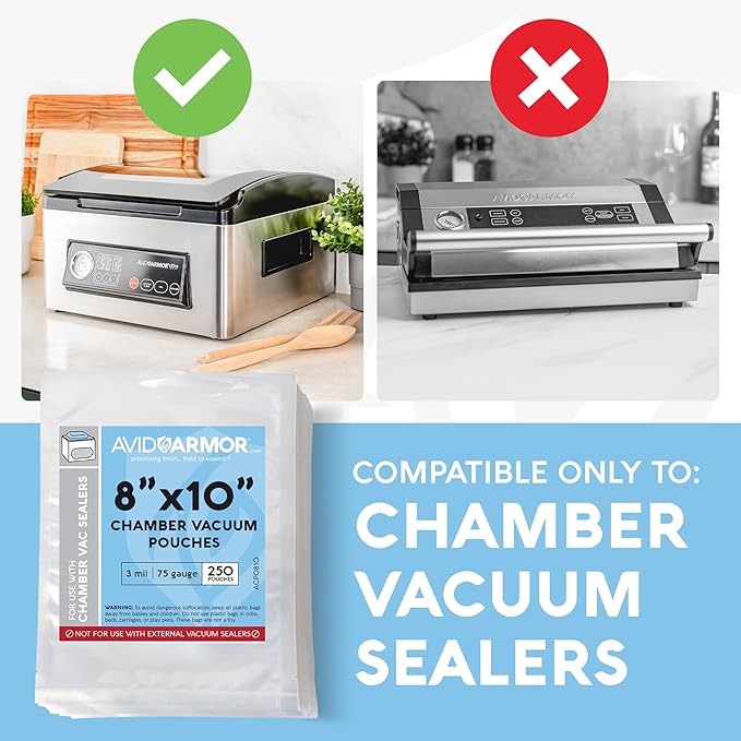 Avid Armor Chamber Vacuum Sealer Bags ??Heavy Duty, BPA-Free, Pre-Cut Chamber Vacuum Bags for Food Preservation, Freezer Storage, Sous Vide and more, 250/Pack (8x10) ??Multi-Use Vacuum Bags
