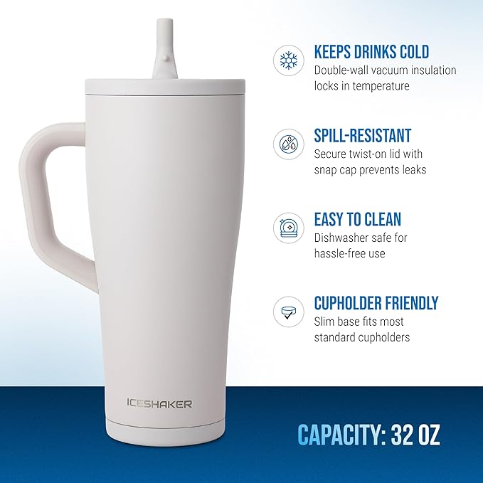 Ice Shaker 32 oz Tumbler with Handle and Straw | 32oz Sandy Beach | Cold for 30+ Hours | 2-in-1 Tumbler Shaker Bottle | Odor-Free 32 ounce Bottle for Water, Protein Shakes, Smoothies, Cocktails