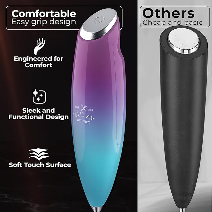 Zulay Kitchen Patented Tornado Triple Whisk Milk Frother with 4 Duracell Batteries ??Handheld Foam Maker for Coffee, Lattes, Matcha & Hot Chocolate ??Rich, Creamy Froth in Seconds