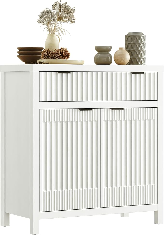 FLOWBACK Buffet Cabinet with Storage,Modern Credenza with Fluted Doors & Shelves Coffee Bar Media Console Accent Cabinets for Living Room, Entryway (White, 2 Door + 1 Drawer(2 Piece))