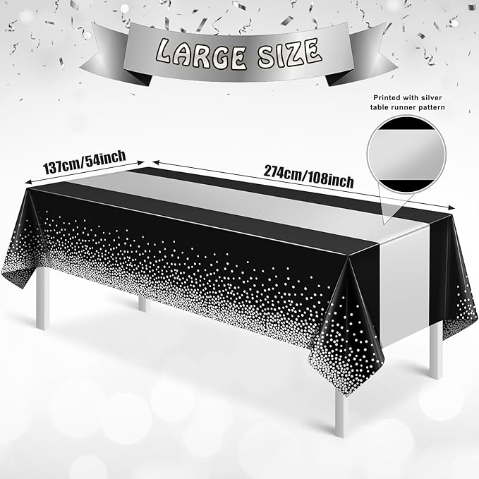 6Pcs Black and Silver Tablecloth Party Decorations,Plastic Black Table Cloth Printed Silver Table Runner Disposable Rectangle Table Cover for Birthday Anniversary Wedding Graduation Party,54 x108 Inch