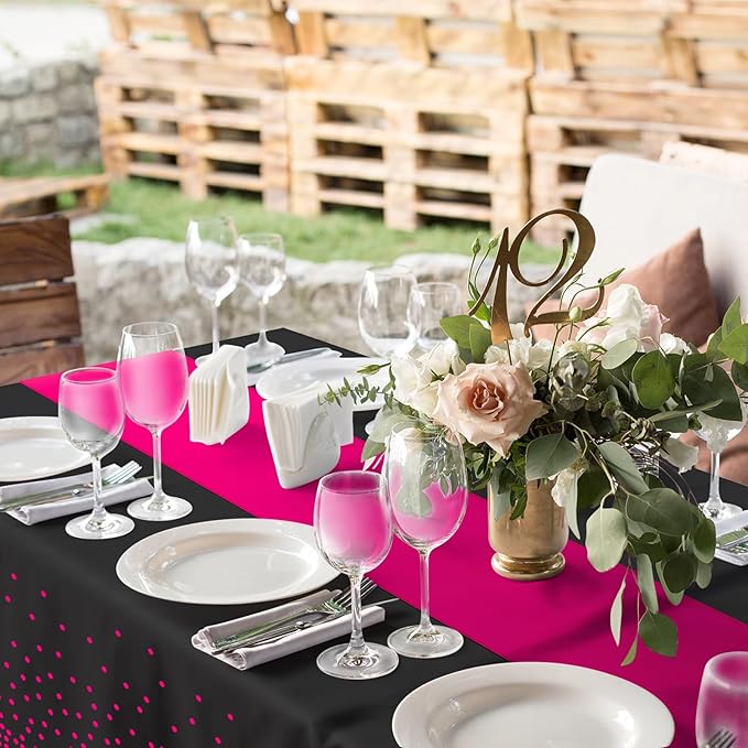 MASHAN 16Pack Disposable Plastic Party Tablecloths and Satin Table Runner Set - Black Hot Pink Dot - Wedding, Birthday, Baby Shower, Anniversary, Holiday Party Decorations