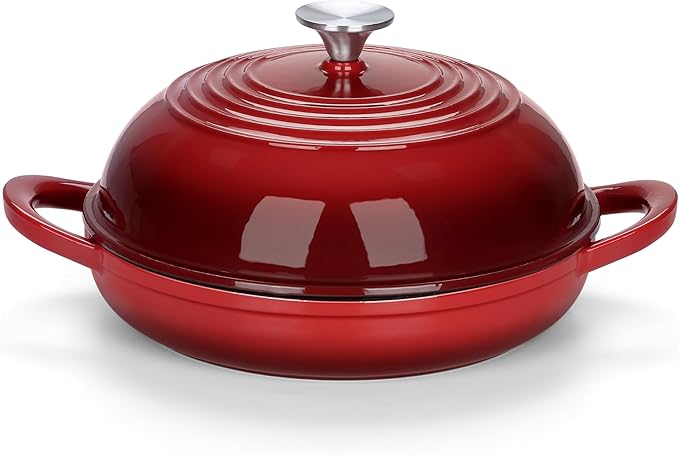 E-far Dutch Oven for Sourdough Bread Baking, 6 Qt Round Enameled Cast Iron Dutch Oven for Homemade Artisan Bread, Dome Lid & Shallow Base, Matte Black Interior & Durable, Oven-Safe to 500?? Red