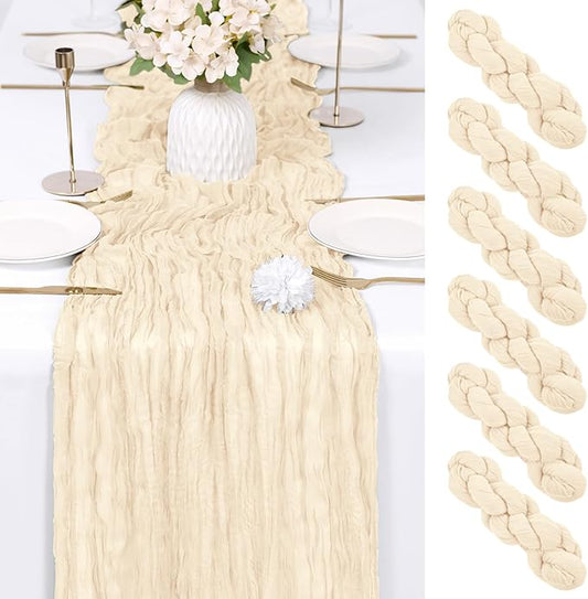 RealBox 6 Pack Ivory Cheesecloth Table Runner 17x108 Inch Semi Sheer Boho Gauze Cheese Cloth Fabric Table Runners Table Decor for Wedding Party Baby Shower Birthday Home Decor Garden Farmhouse
