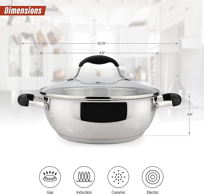 AVACRAFT 18/10 Stainless Steel Everyday Pan, Stir Fry Pan with Five-Ply Base, Chef?셲 Pan with Glass Lid, Multipurpose Stewpot Skillet, Saute Pan, Casserole in Pots and Pans (9 Inch)
