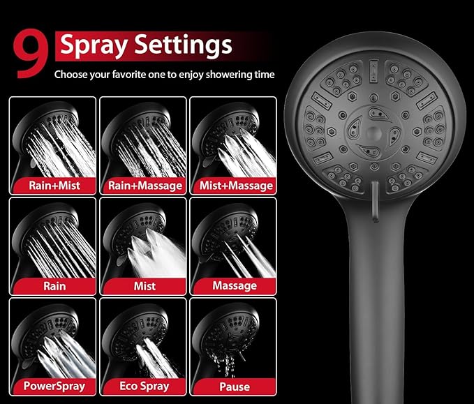 GRICH 1.8 GPM Shower Heads with Handheld Spray Combo: High Pressure Rain Shower Heads with Built-in Power Wash, 9 Mode Adjustable Dual Rainfall Showerhead with Anti-Clog Nozzles and Hose, Black