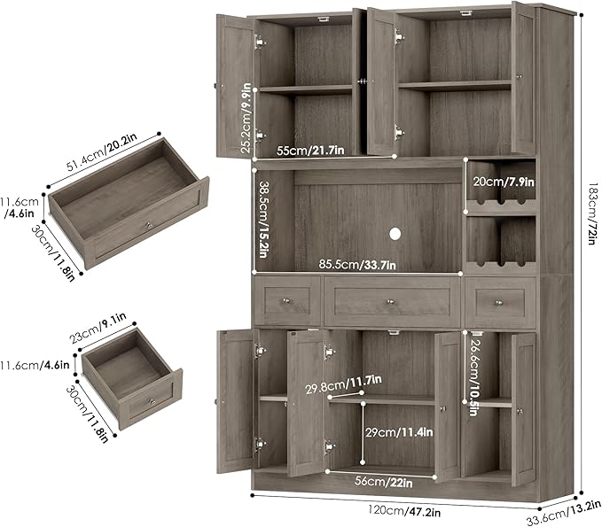 Pantry Organizers and Storage Cabinet, 72??Tall Kitchen Pantry Storage Cabinet with Microwave Stand, Wine Rack, Drawers and Adjustable Shelf for Dining Room, Living Room, Home BarAsh Grey