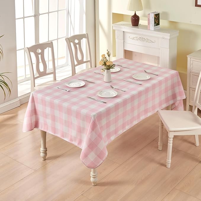 BALCONY & FALCON Gingham Table Cloth Rectangle ??Reversible Water-Resistant Cotton Checkered Tablecloth for Outdoor Picnic, Camping, Kitchen, Holiday Party Decor (Pink White, 57x118 Inch)