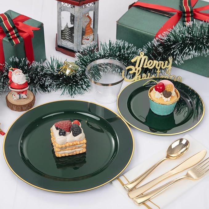 SUT 350PCS Green and Gold Plastic Plates for 50 Guests, Disposable Plates and Napkins Party Supplies, Gold Plastic Silverware, Plates, Cups and Napkins Sets竊똏arty Plates and Cups and Napkins Sets