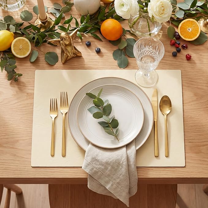 Artoid Mode Beige Faux Leather Placemats Set of 4, 12x18 Inch Waterproof Wipeable Heat Resistant Place Mats, Reversible Table Mats for Kitchen Dining Decor