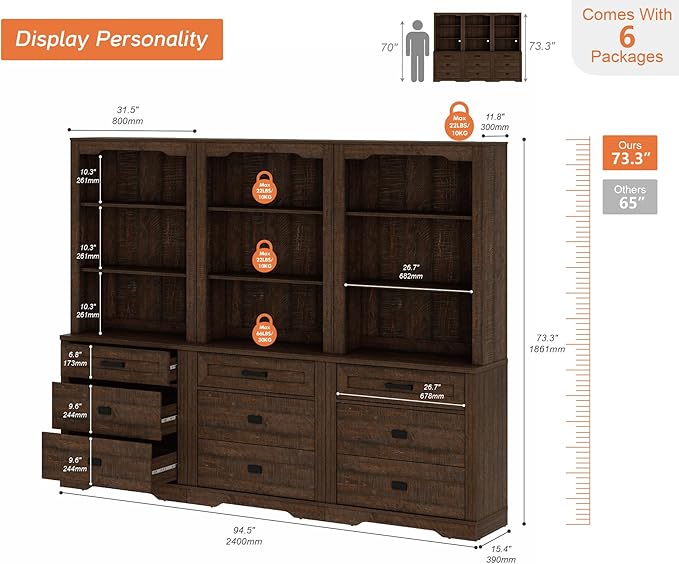 WAMPAT 3 Column 3 Tier Pantry Cabinet with Drawer,73.3" Tall Floor Standing Cupboard,Modern Farmhouse Display Kitchen Buffet with Adjustable Shelves for Dining Room,Living Room,Rustic Brown