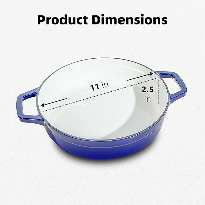 Enameled Cast Iron Dutch Oven - 4 Quart Dutch Oven Pot with Lid - Shallow Cookware Braising Pan - Oven Safe up to 500째 F for Baking, Roasting, and Braising-Blue