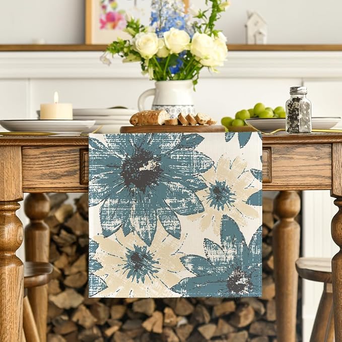 Artoid Mode Blue Retro Daisy Spring Table Runner, Seasonal Vintage Kitchen Dining Table Decoration for Home Party Decor 13x60 Inch