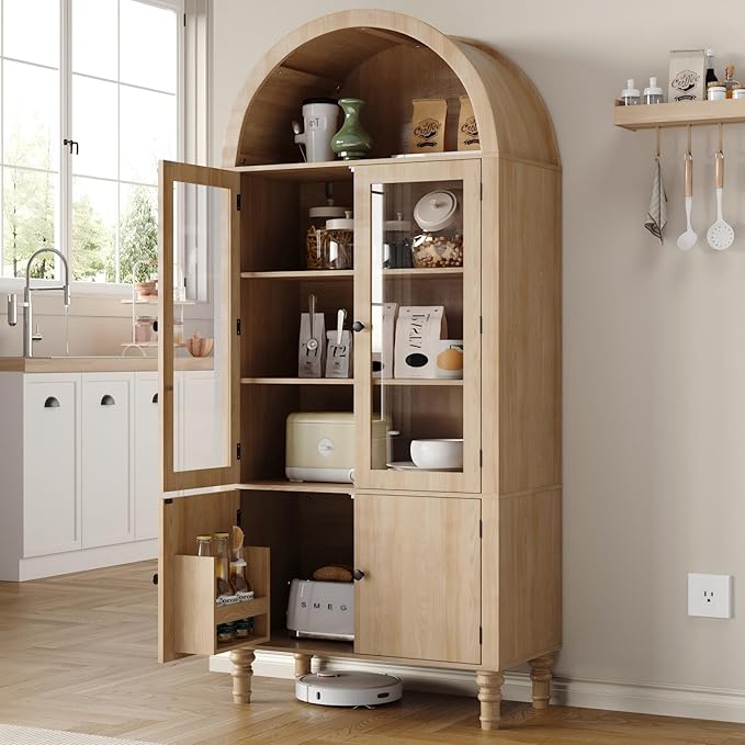 71" Tall Arched Pantry Cabinet, Modern Kitchen Storage Cabinet with Doors, 3 Adjustable Shelves, Door Shelves, Organizer, Versatile Cupboard for Kitchen, Bathroom, Natural