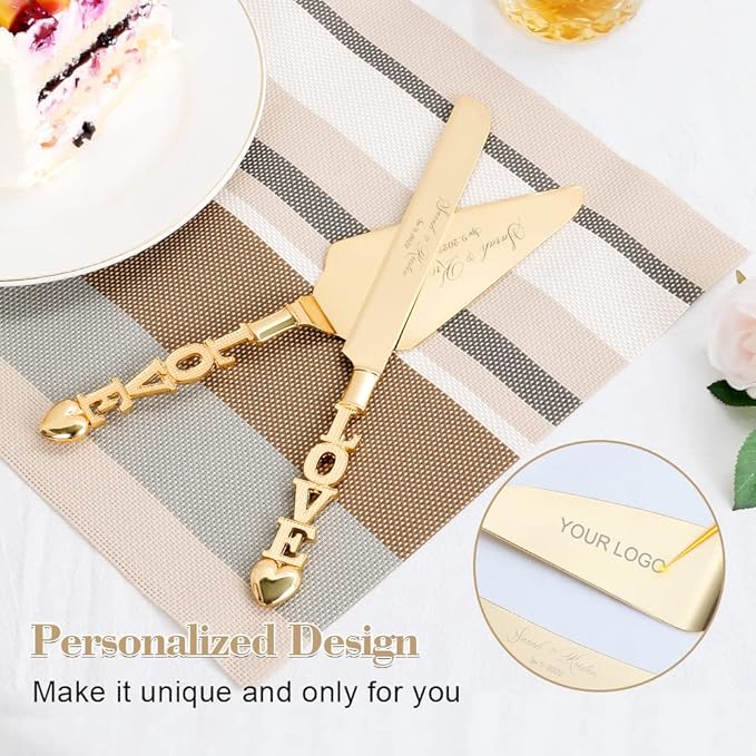 Wedding Cake Knife and Server Set, Personalized Gold Cake Cutting Set for Wedding, Engraved Classic Cake Knives Cutter Set, Pie Server, Birthday Bridal Quincea챰era Gift (CUS-Love)