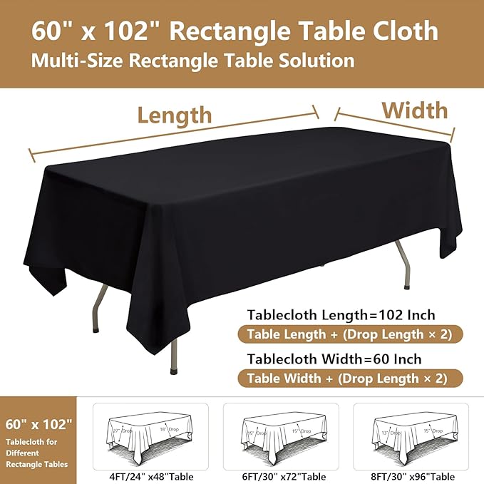 ITWMTTO 10-Pack Black Tablecloths Rectangular 60x102 Inch - Heavy-Duty Polyester Fabric Table Cloth Rectangle Table Cover for Rectangle Tables - Reusable & Washable