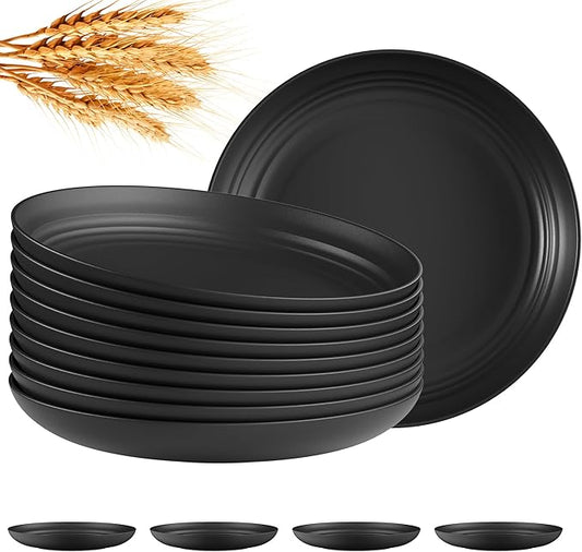 Quatish 10 PCS Unbreakable Reusable Plastic Plates,10 inch Dishwasher & Microwave Safe Dinner Plate, Easy-to-Clean Lightweight,Portable for Kitchen & Picnics Wheat Straw Plates（Black）