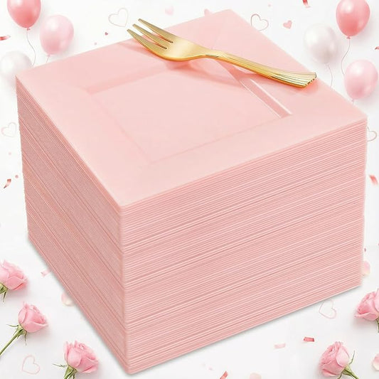 supernal 200pcs Square Pink Dessert Plates with Gold Plastic Forks,Appetizer Pink Plate Disposable with 100 Square Dessert Plates 6" and 100 5" Gold Forks Perfect Valentine Day Birthday Wedding