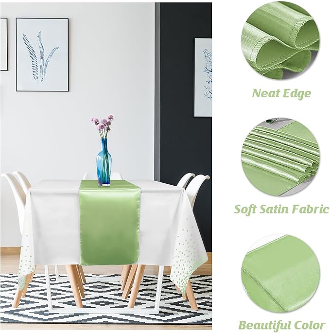 16Pack Plastic Tablecloths and Satin Table Runner Set Disposable White and Sage Green Dot Table Cloth Green Satin Table Runner for Wedding Birthday Baby Shower Anniversary Holiday Party Decorations