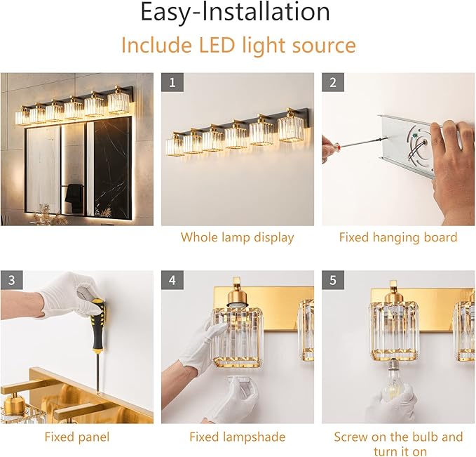Modern Bathroom Vanity Light 6-Lights Black Gold Crystal Bathroom Wall Light Vanity Light Fixturesï¼?4.09-inch Modern Minimalist Design
