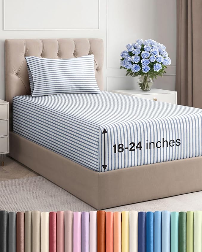 Extra Deep Pocket Twin Sheets - 3 Piece Breathable & Cooling Bed Sheets - Hotel Luxury Bed Sheet Set - Soft, Wrinkle Free & Comfy - Easily Fits Extra Deep Mattresses - Deep Pocket Blue Striped Sheets