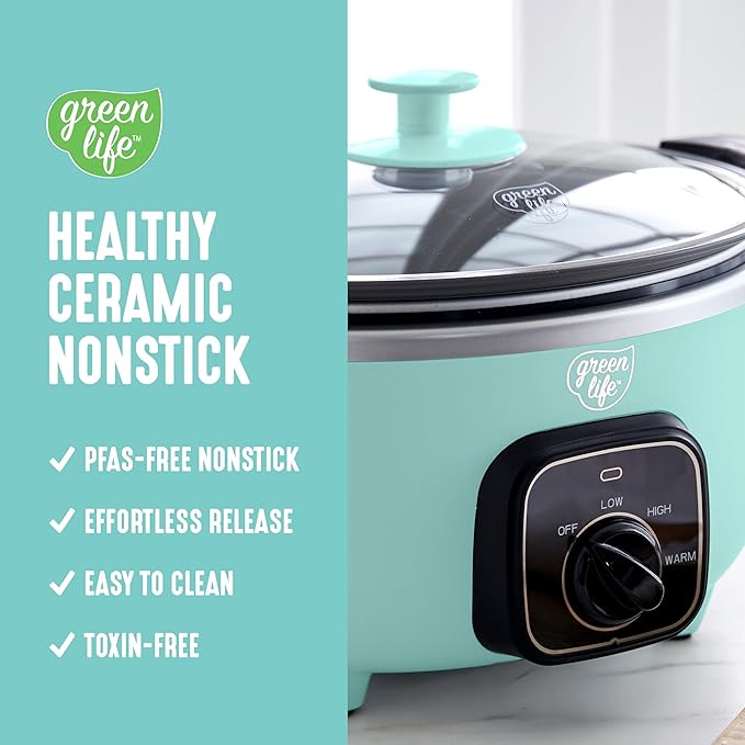 GreenLife 3.5QT Slow Cooker, PFAS-Free Non-Toxic Ceramic Nonstick Removable Interior Bowl, Programmable, Keep Warm, Stovetop & Oven Safe, Dishwasher Safe Crock, Glass Lid, Turquoise