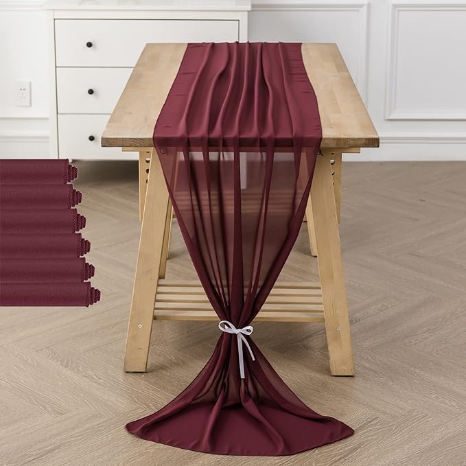 flohar 6Pack 9ft Christmas Chiffon Table Runner 14x108 Inch Sheer Romantic Table Runner for Wedding Birthday Party Bridal Shower Outdoor Decoration -Burgundy