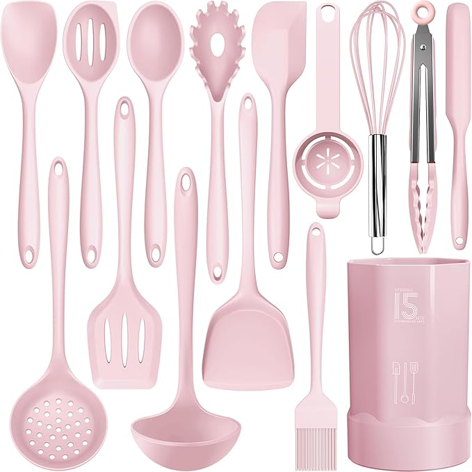 AOTHOD Silicone Cooking Utensils Set - 446째F Heat Resistant Kitchen Utensils, Spatula,Turner Tongs,Spoon,Whisk,Kitchen Utensil Gadgets Tools Set for Nonstick Cookware,Dishwasher Safe BPA Free(Pink)