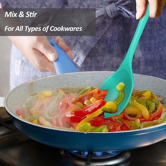 Silicone Spoons for Cooking - Extra Large Kitchen Spoons for Mixing, Serving, & Stirring - 600째F Heat-Resistant Non Stick Utensils Ladle & Skimmer- Dishwasher Safe, Teal