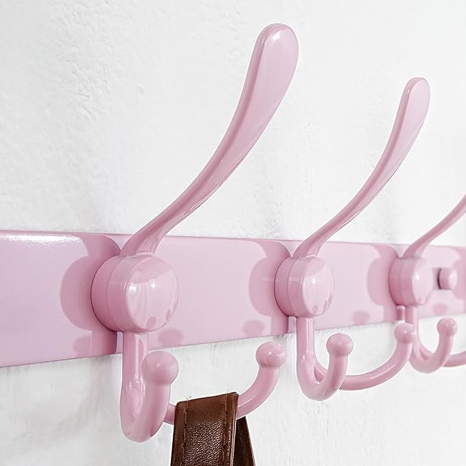 Dseap Coat Rack Wall Mount - 29.5??Long 8-Tri-Hooks Heavy Duty Coat Hanger Rail Wall Hooks for Hanging Coats Hats Clothing Clothes Purse Mudroom Entryway, Pink